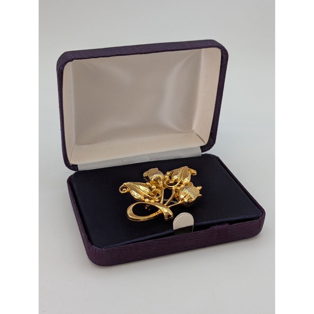 Vintage Gold Tone Floral Tulip Bouquet Brooch Unsigned Scarf Pin with Box